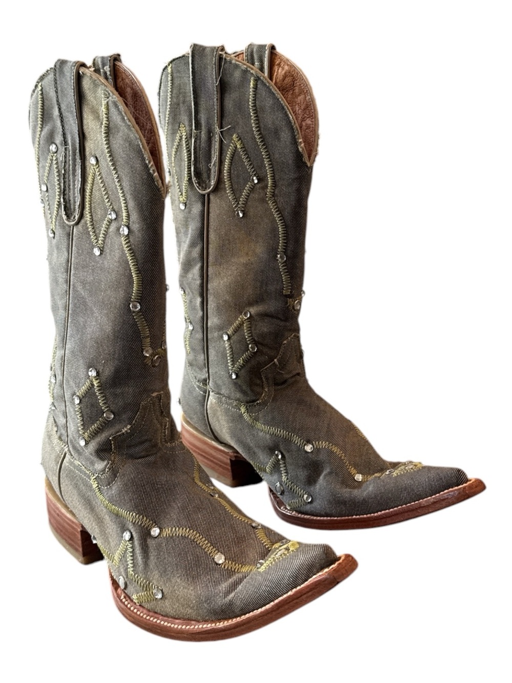 Diegos Olive Washed Embroidered Denim Rhinestone Western Cowboy Boots Size 9.5